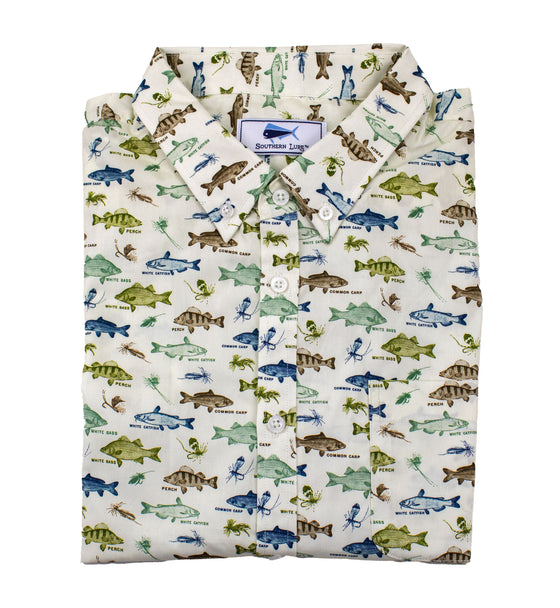 Youth & Toddler Short Sleeve Woven Sport Shirt - Fresh Water Fish - Sand