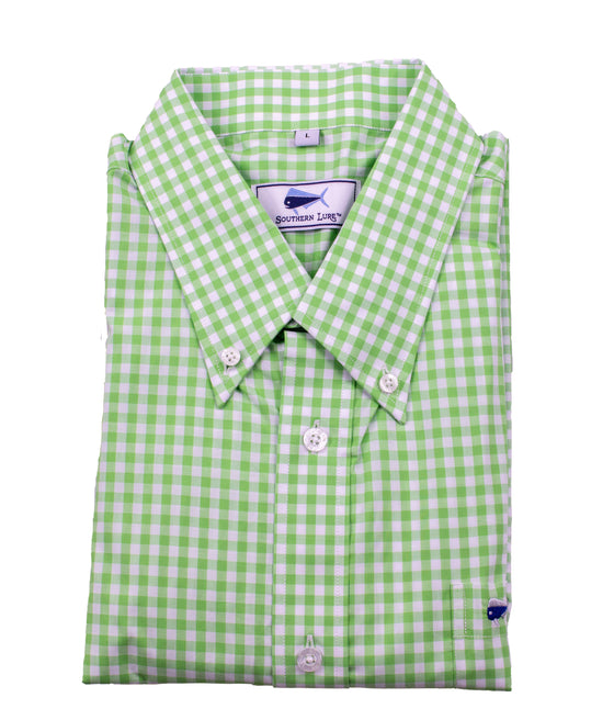 Men's Long Sleeve Sport Shirt - Light Lime Green Gingham